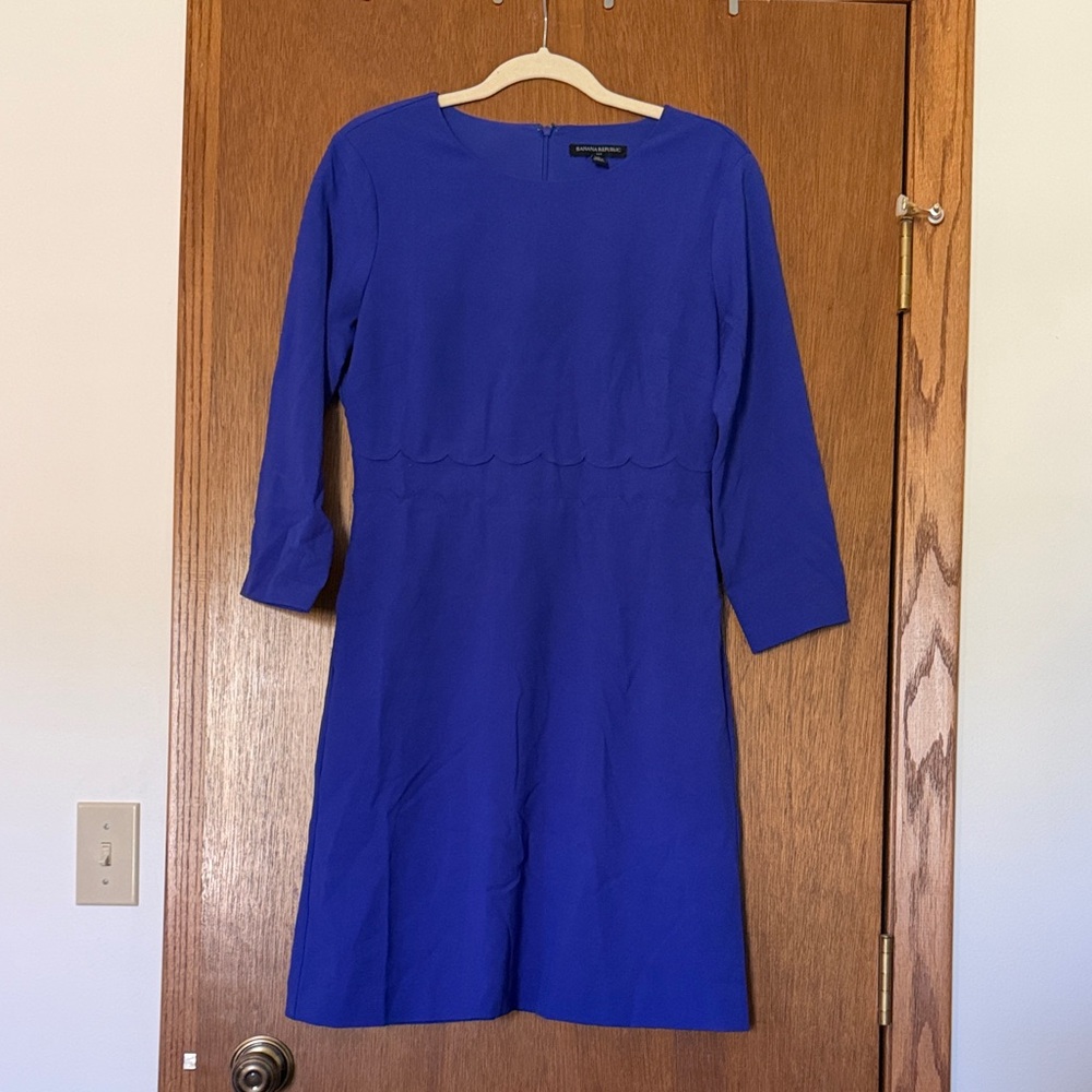 Banana Republic Cobalt Blue Scallop Waist Long Sleeve Sheath Dress